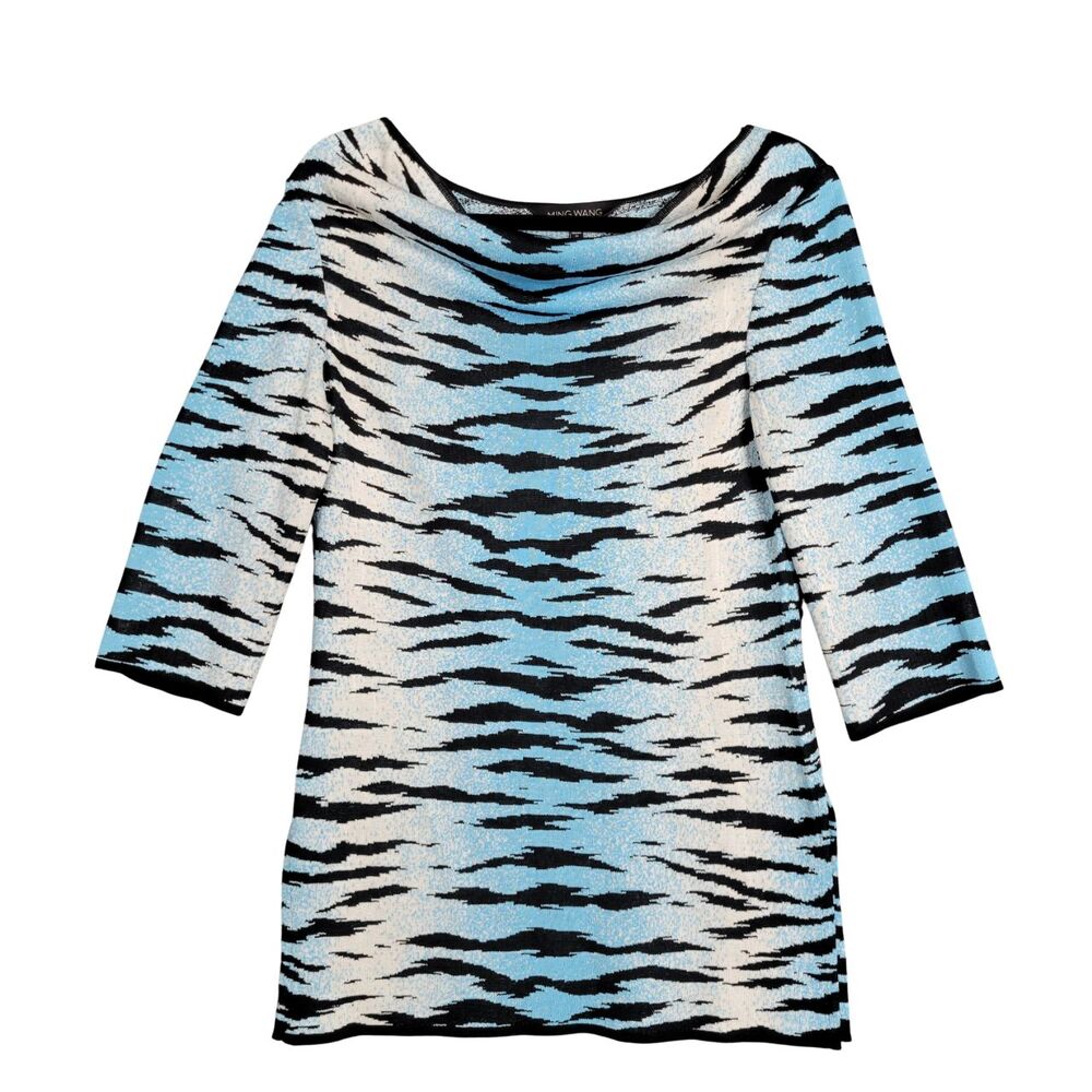 MING WANG Blue Artsy Abstract Animal Print Cowl Neck Tunic Top SIZE XS